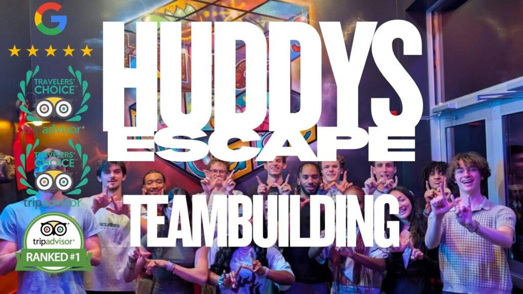 huddys escape team building text overlay with tripadvisors badge on to a image with people inside huddys escape