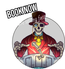 Huddys skeleton badge with book now text overlay