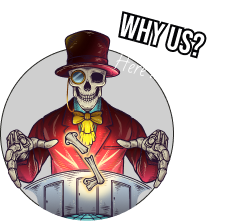 skeleton badge with text overlay why us?