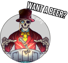 Huddys skeleton badge want a beer text overlay