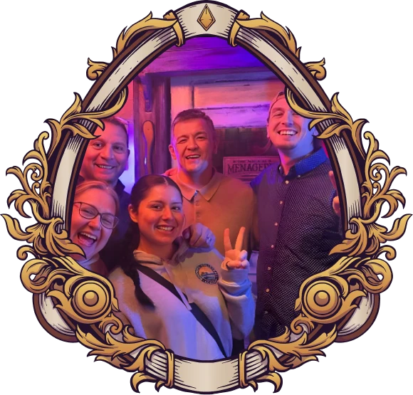 A picture of smilling people inside a frame from the branding of huddys