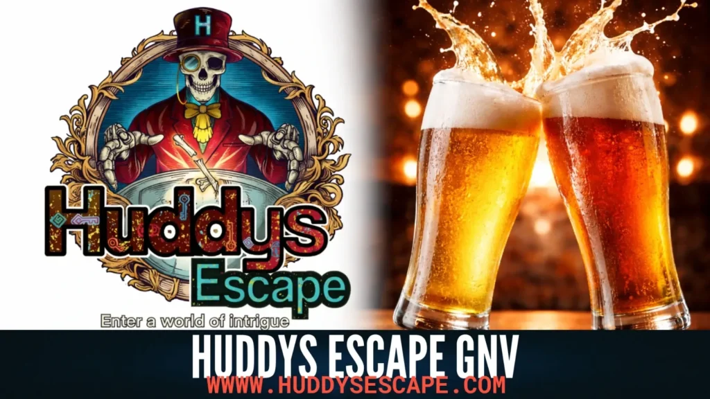 Graphic of twoo beers on the right and huddys excape logo on the left
